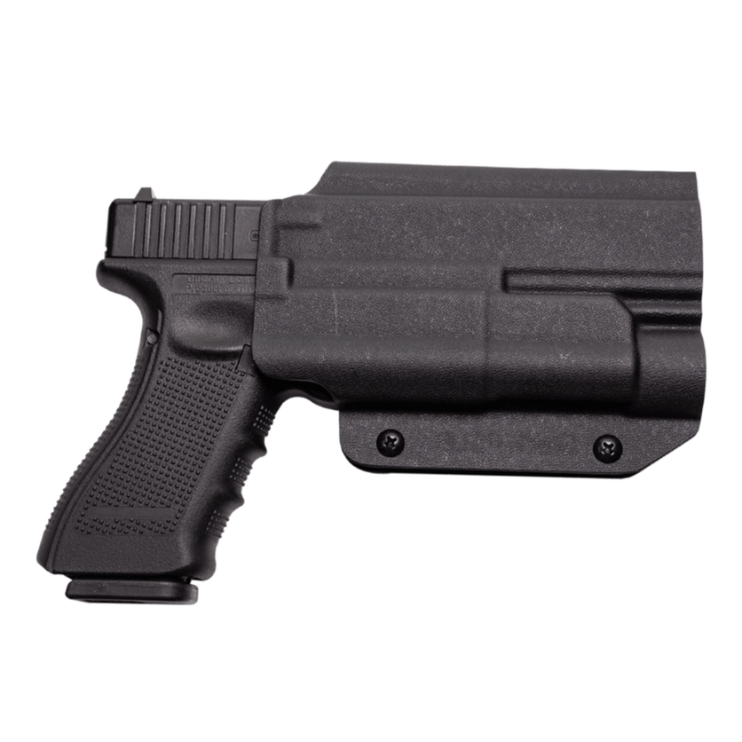 Kydex Customs Pro Series light-bearing holster for Glock with TLR-1, showcasing front view and sleek black design.