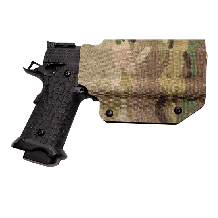 Kydex Customs Pro Series light-bearing Hicapa holster in camouflage with a firearm and light attached, designed for secure concealment.