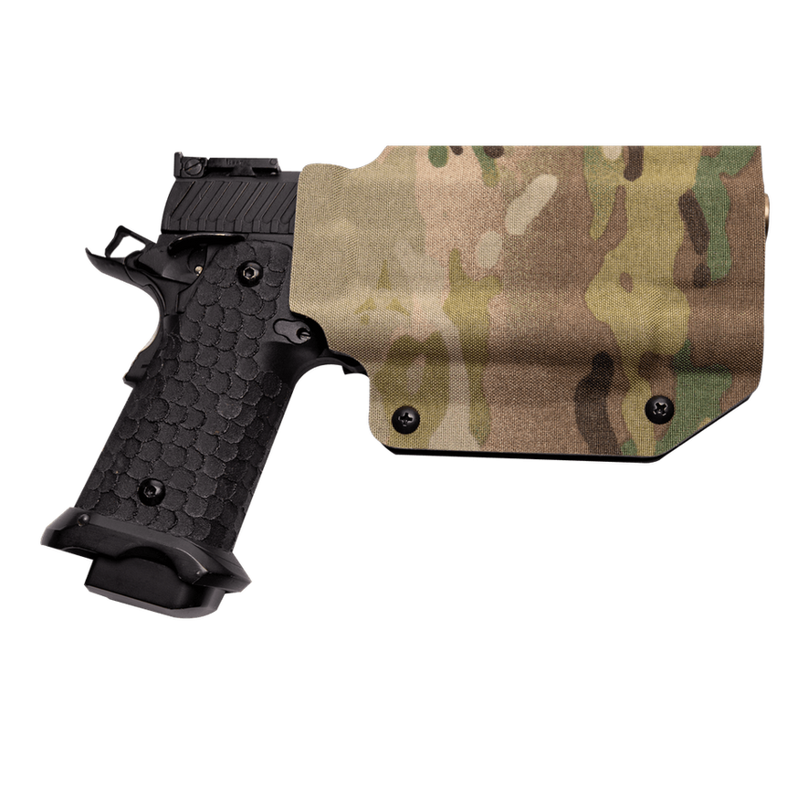 Kydex Customs Pro Series light-bearing Hicapa holster in camouflage with a firearm and light attached, designed for secure concealment.