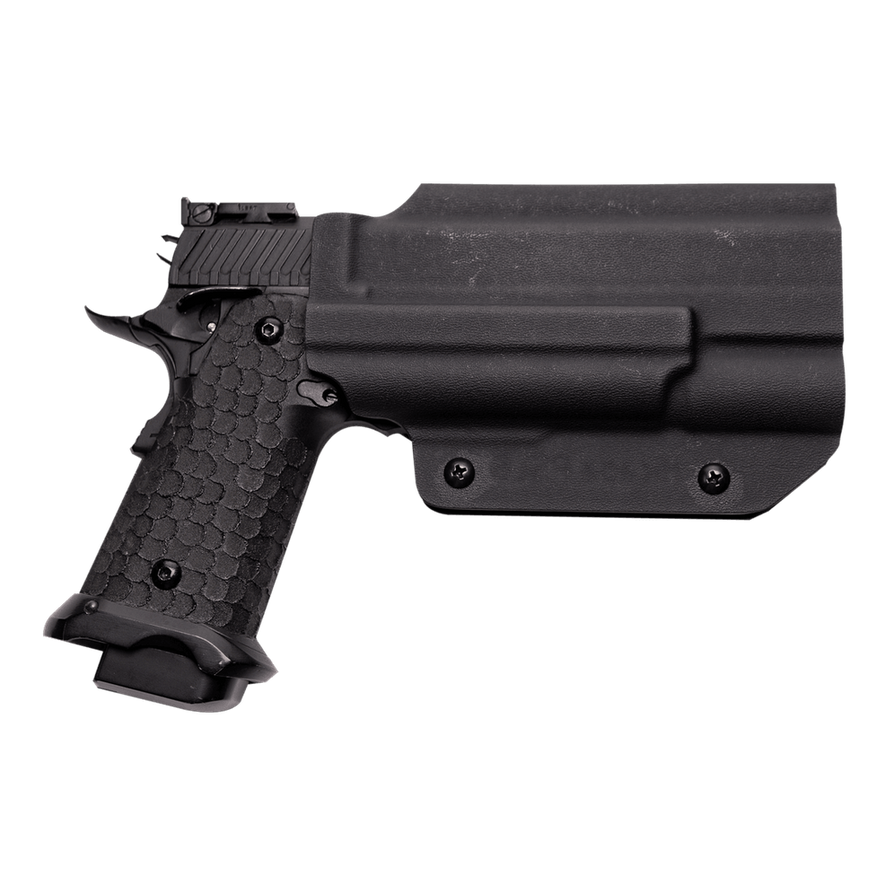 Kydex Customs Pro Series light-bearing Hicapa holster in black with adjustable retention for tactical firearm carrying.