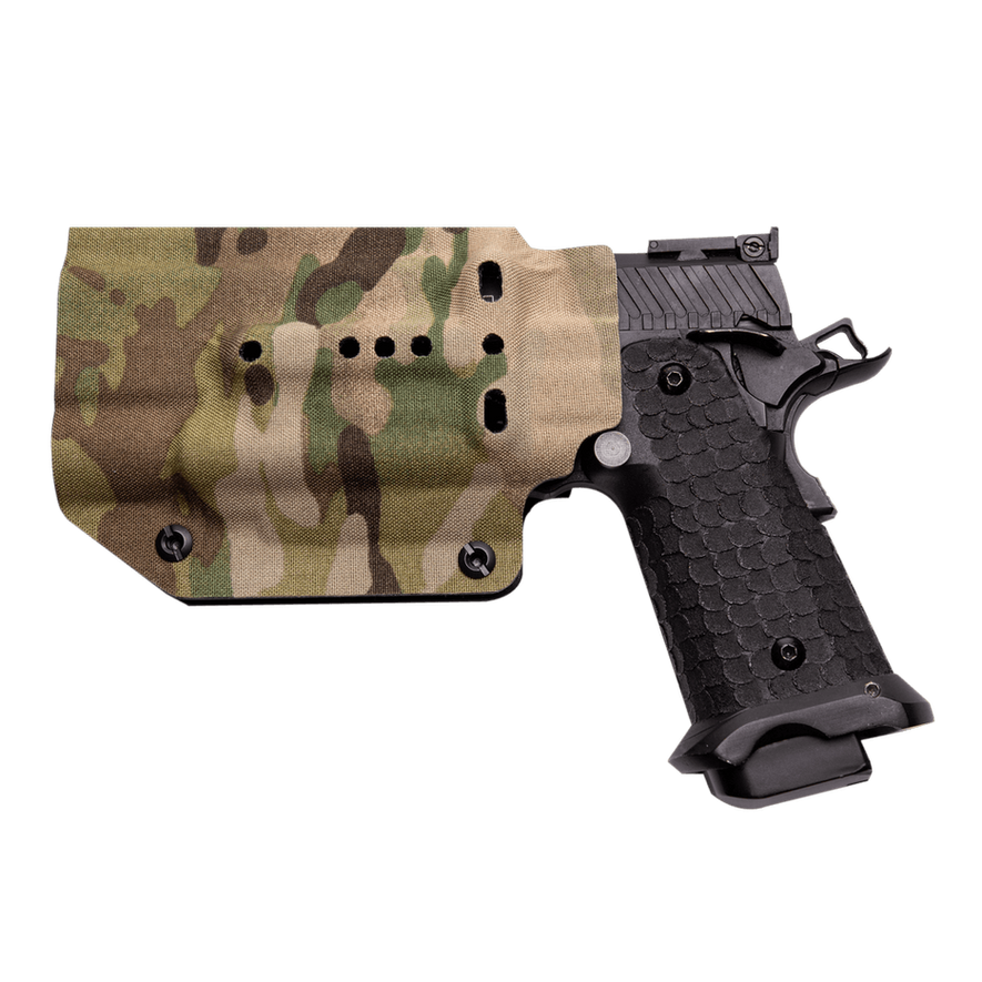 Kydex Customs Pro Series light-bearing Hicapa holster with adjustable retention and open-top design for secure pistol carry.