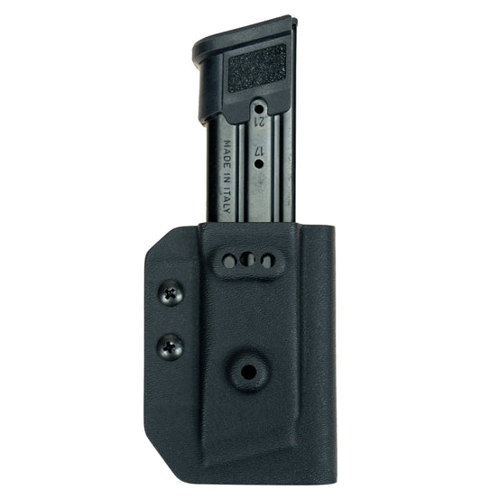 Black Kydex Customs Sig P320/M17 magazine carrier with front view showing secure retention and belt clip attachment.
