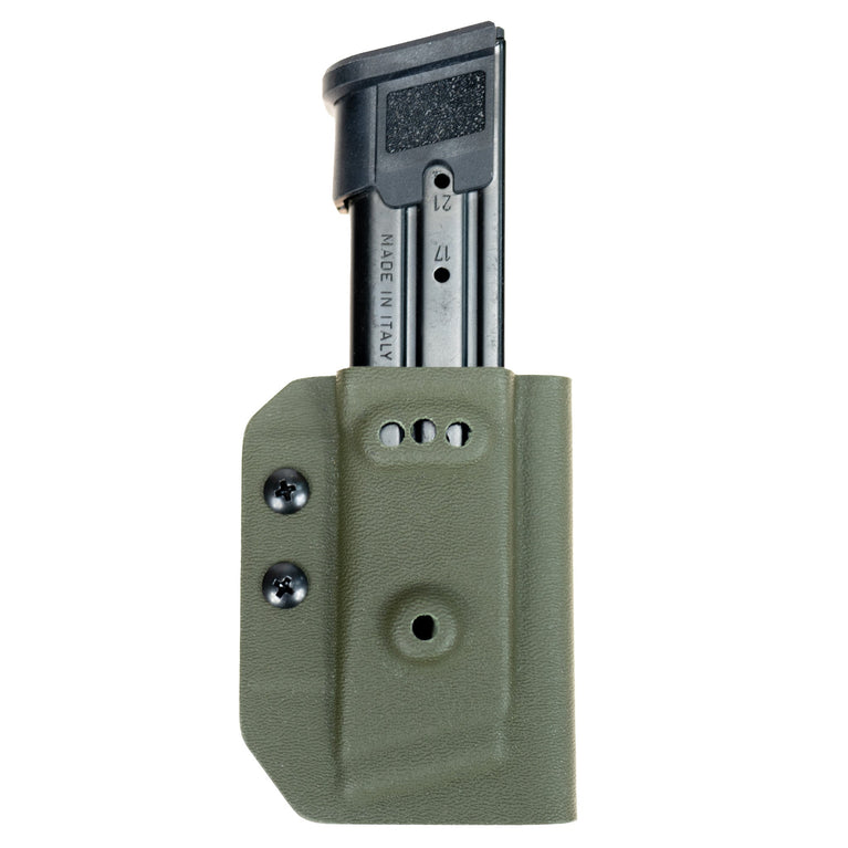 Kydex Customs Sig P320/M17 magazine carrier in OD green with secure belt clip attachment, designed for easy magazine access.