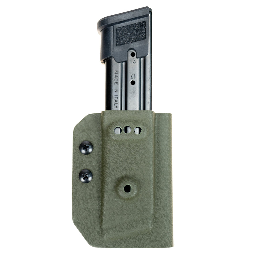 Kydex Customs Sig P320/M17 magazine carrier in OD green with secure belt clip attachment, designed for easy magazine access.