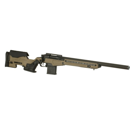 Action Army AAC T10 FDE spring bolt action sniper rifle with sleek design and tactical features in a neutral background.