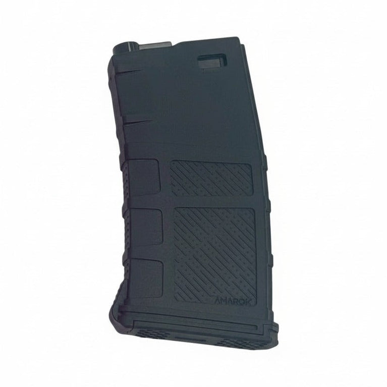Black Amarok AM190 Fast Feed Mid Cap Short M4 magazine with textured grip and metal construction, designed for reliable firearm feeding.