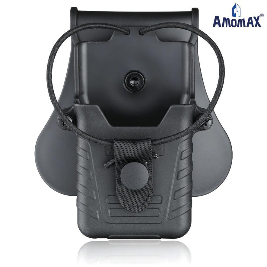 Black Amomax radio holster designed for Baofeng and Motorola radios, with secure belt clip and durable construction.