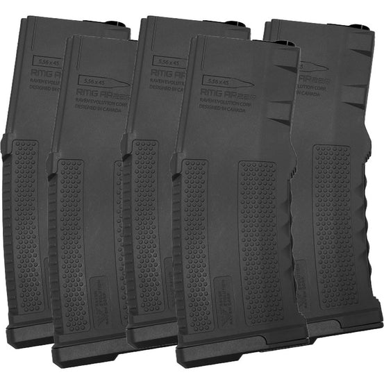 Raven Evolution RMG AR220 Midcap 5 pack in black, showcasing five midcap magazines for airsoft use.