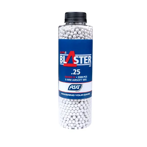 ASG Alpha Blaster 0.25g airsoft BBs in a 3300-piece bottle, shown spilling from the container for airsoft gameplay.