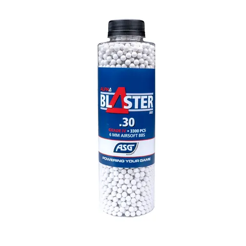 ASG Alpha Blaster 0.30g airsoft BBs in a 3300-piece bottle, lightweight plastic ammunition for airsoft guns.