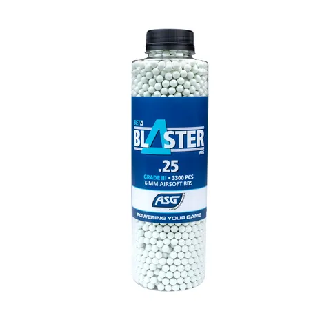ASG Beta Blaster 0.25g airsoft ammunition, 3300 pieces in a clear packaging, showcasing individual BBs.