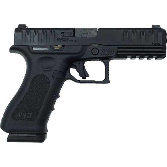 Black KWA ATP-GT GBB pistol shown from the right side, featuring a sleek design and ergonomic grip.