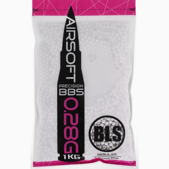BLS 0.28G precision grade white BBs for airsoft guns, 1kg package, high-quality plastic projectiles for accurate shooting.