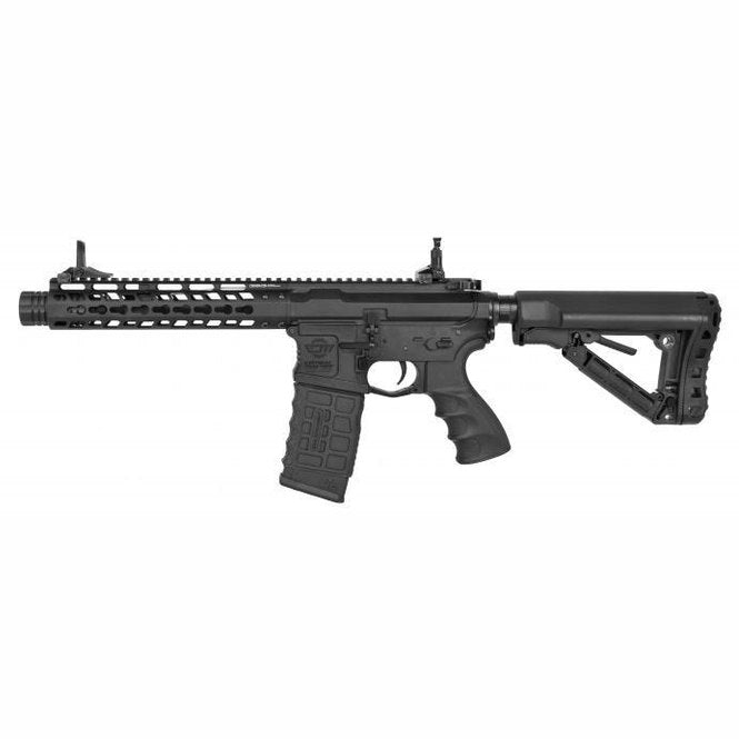 G&G Armament CM16 Wildhog 9-inch airsoft rifle with tactical handguard and adjustable stock, shown from side view.