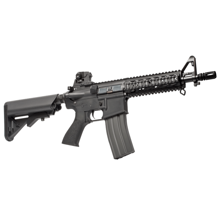 G&G Armament CM16 Raider airsoft rifle with black polymer stock and metal rail system, shown with tactical accessories.