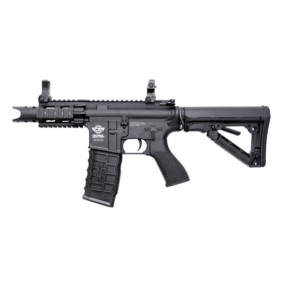 G&G Firehawk HC05 AEG rifle with black synthetic stock and tactical accessories, designed for airsoft gameplay.