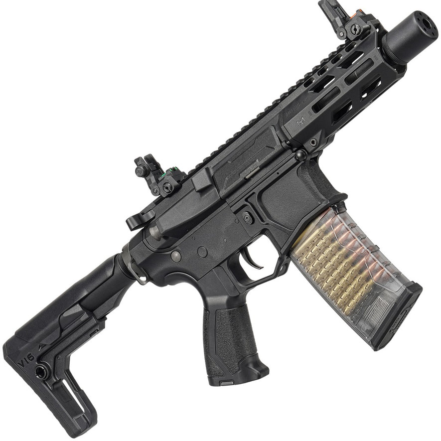 G&G CM16 Batto CQB combat machine AEG rifle with black polymer body and tactical rails, close-up view.