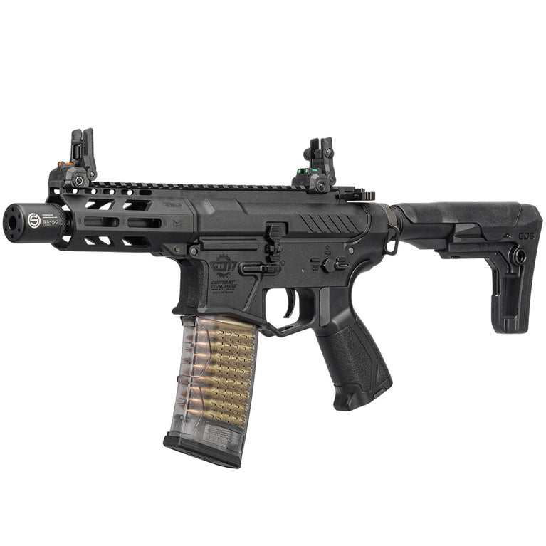 G&G CM16 Batto CQB Combat Machine AEG airsoft gun with black polymer stock and tactical grip, close-up view.