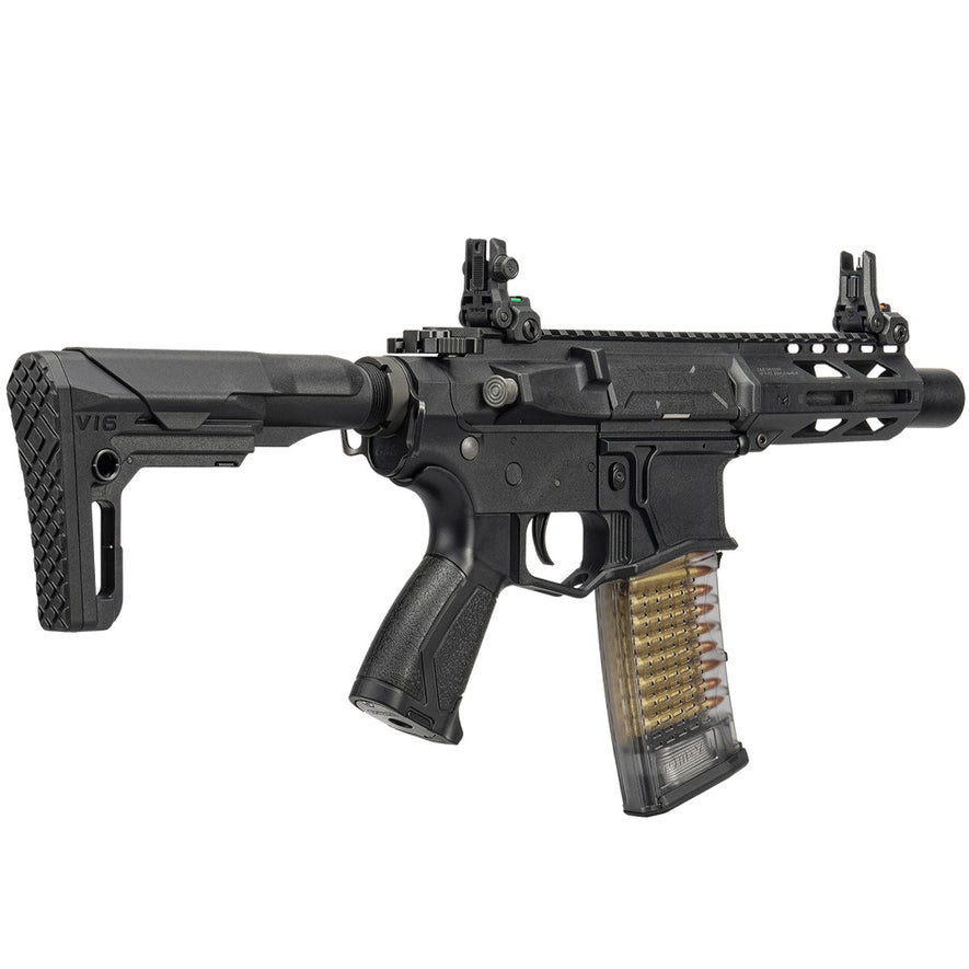 G&G CM16 Batto CQB Combat Machine AEG rifle with black finish and tactical stock, shown from a side angle.