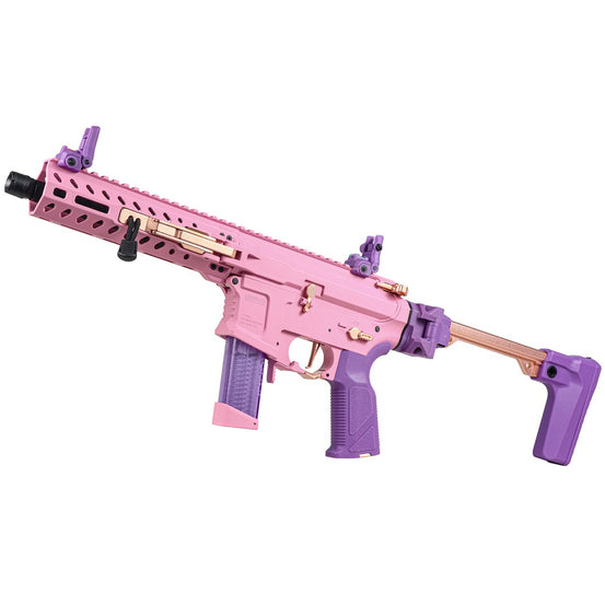 G&G FAR 9 AEG rifle in pink with black accents, featuring a tactical stock and barrel, displayed outdoors against a neutral background.