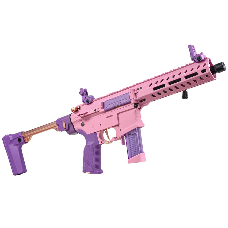 G&G FAR 9 AEG rifle in pink with black accents, featuring a tactical stock and detailed design for airsoft gameplay.
