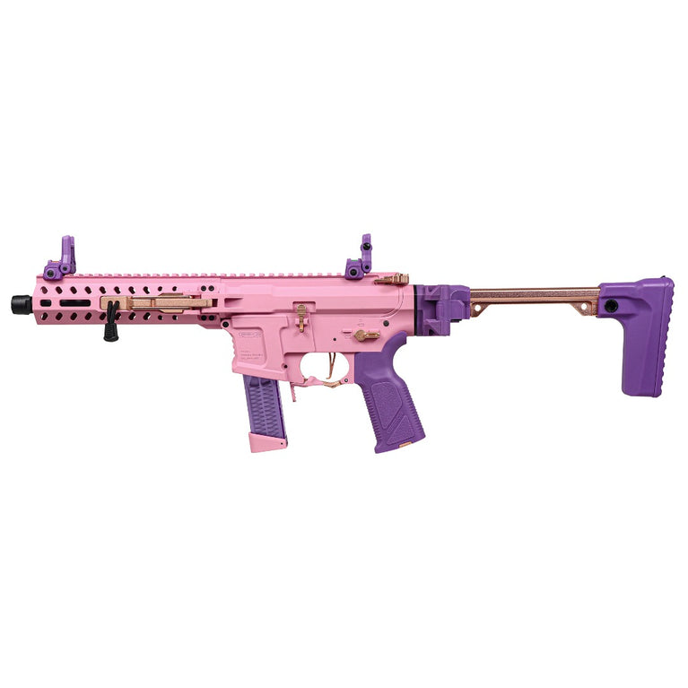 G&G FAR 9 AEG rifle in pink with black details, showcasing its sleek design and compact build for airsoft gameplay.