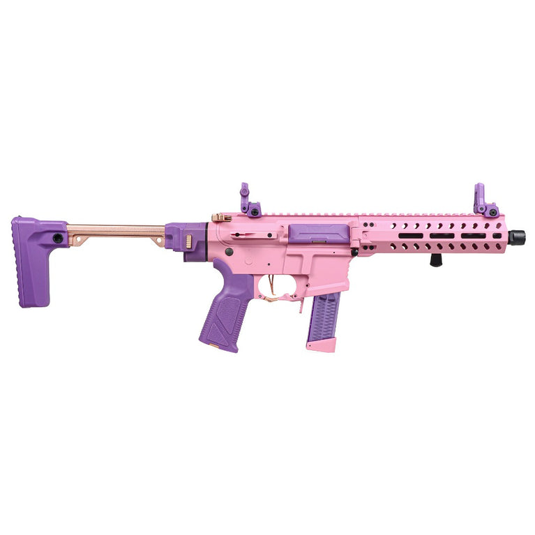 G&G Armament FAR 9 AEG rifle in pink with black accents, featuring a tactical stock and detailed design for airsoft gameplay.