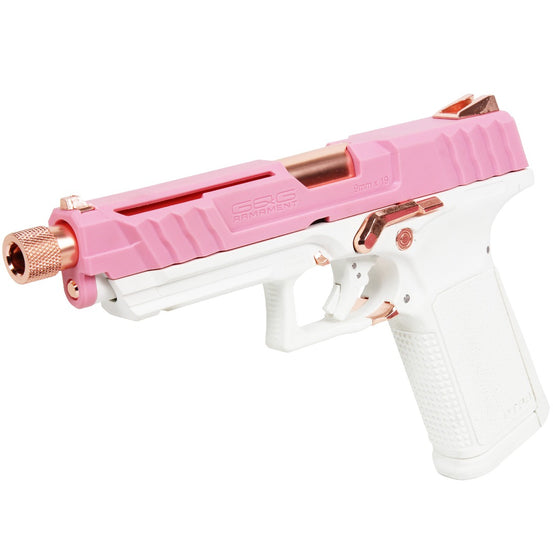 G&G GTP9 GBB pistol with rose gold finish, pink and white accents, and compact design, displayed on a neutral background.