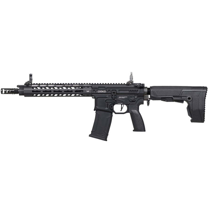 G&G Armament MGCR 556 GBB rifle with 10-inch barrel, black finish, and tactical handguard, shown from the side.