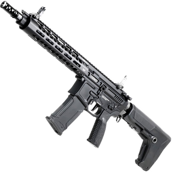 G&G Armament MGCR 556 GBB rifle with 10-inch barrel, black finish, and tactical stock, shown from a side angle.