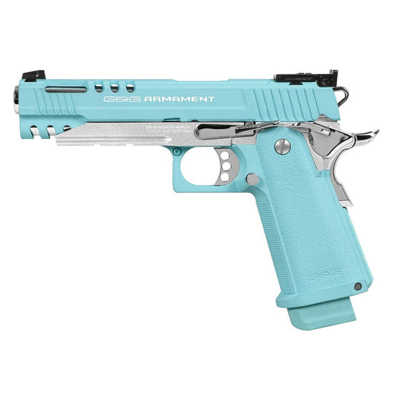 G&G GPM1911 CP Macaron Blue gas blowback pistol displayed with blue and silver finish and textured grip for realistic look