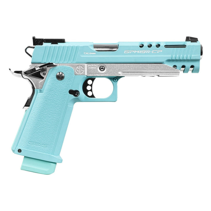 G&G GPM1911 CP Macaron Blue gas blowback pistol with blue slide and black grip, detailed view of the firearm.