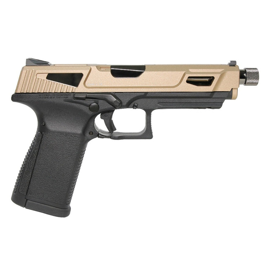 G&G GTP 9 MS GBB pistol in desert tan and black, showing the slide, grip, and magazine on a plain background.