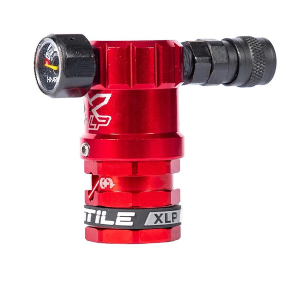 HK Army Hostile XLP Regulator in red with side port, showcasing sleek design and precision engineering for paintball performance.