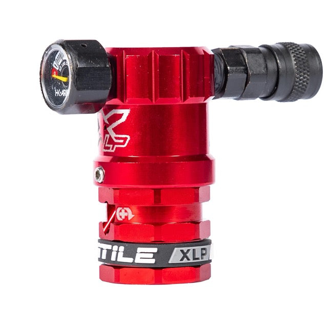 HK Army Hostile XLP Regulator in red with side port, showcasing sleek design and precision engineering for paintball performance.