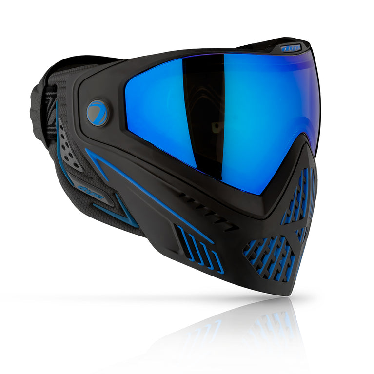 Dye i5 Mask STORM 2.0 in black and blue, showcasing a sleek design with protective features for paintball enthusiasts.