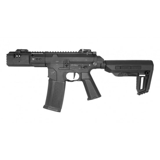 Black Raven Evolution EVO Rebel SS6 M4 rifle in a close-up, showcasing its sleek design and tactical features.