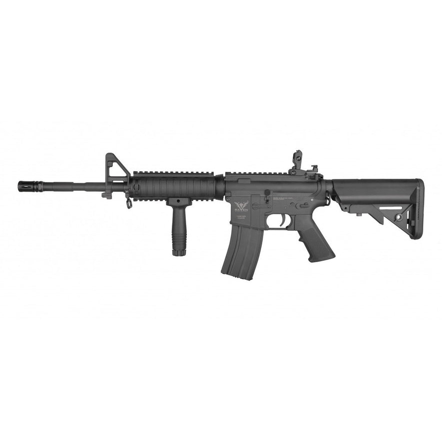 Black Raven Evolution NEO RIS Carbine AEG airsoft gun with tactical rail system and adjustable stock.