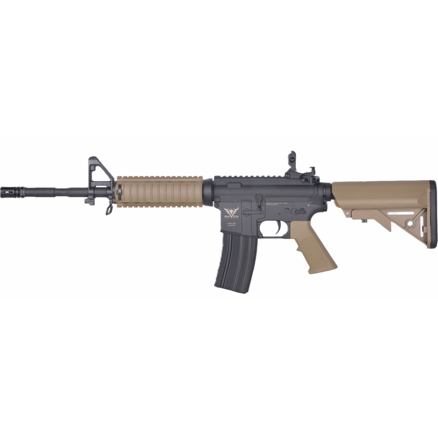 Raven Evolution NEO RIS Carbine AEG DE tactical airsoft rifle with adjustable stock and rail system, detailed close-up shot.