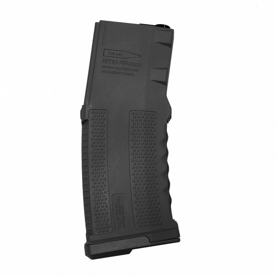 Black Ammo Drop Raven Evolution RMG AR220 extra capacity silent midcap magazine with a sleek design and robust construction.
