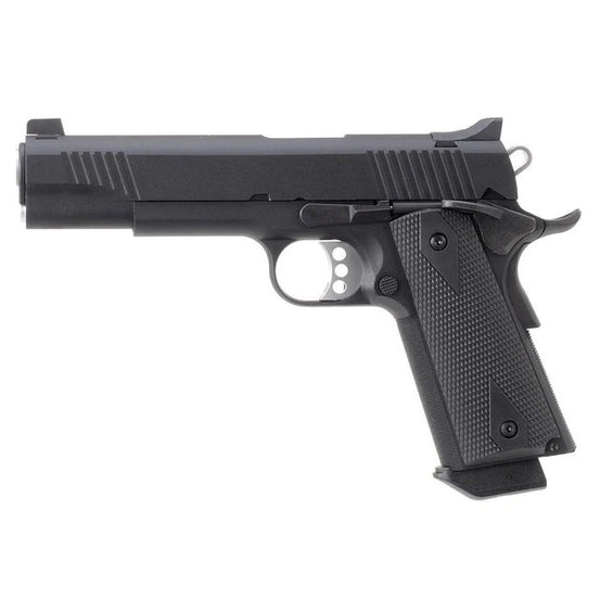 VFC 1911 Tactical Custom GBB Airsoft Pistol with black finish, detailed grip, and tactical design.